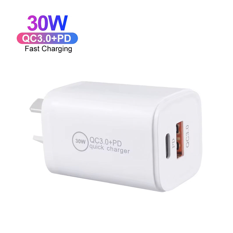 30W GaN Mini USB-C PD Wall Charger with AU Plug - Fast Charging Adapter for iPhone & Samsung Phones