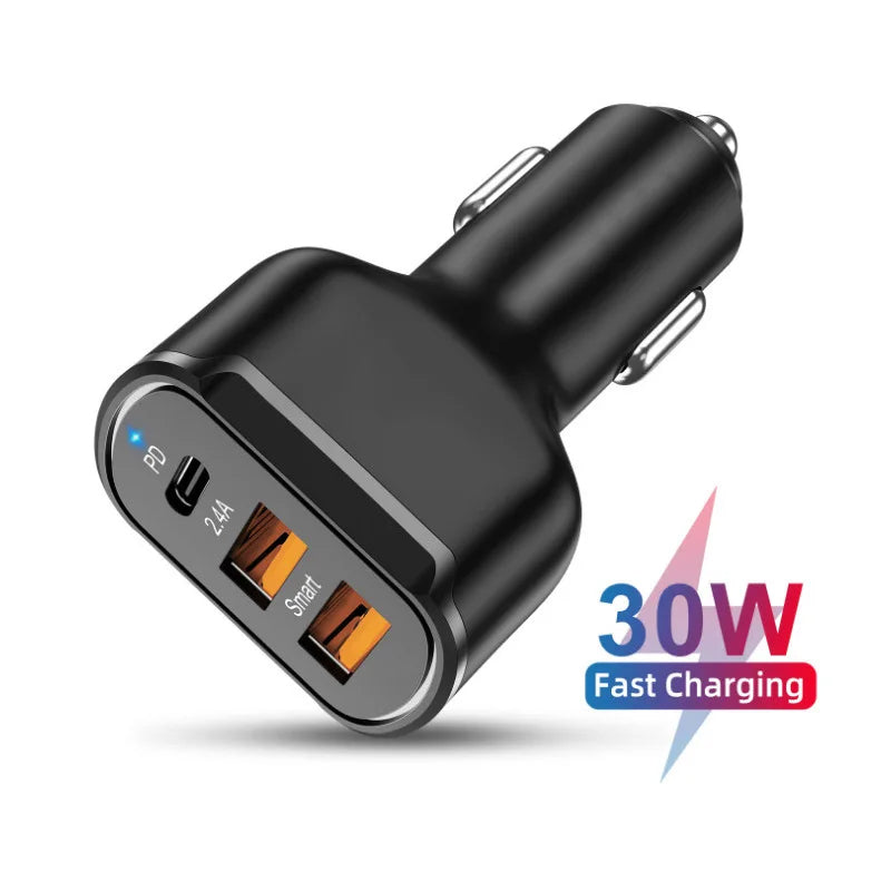 30W Fast Charging 3-Port Car Charger - Type-C PD & USB Ports for Rapid Mobile Charging Black