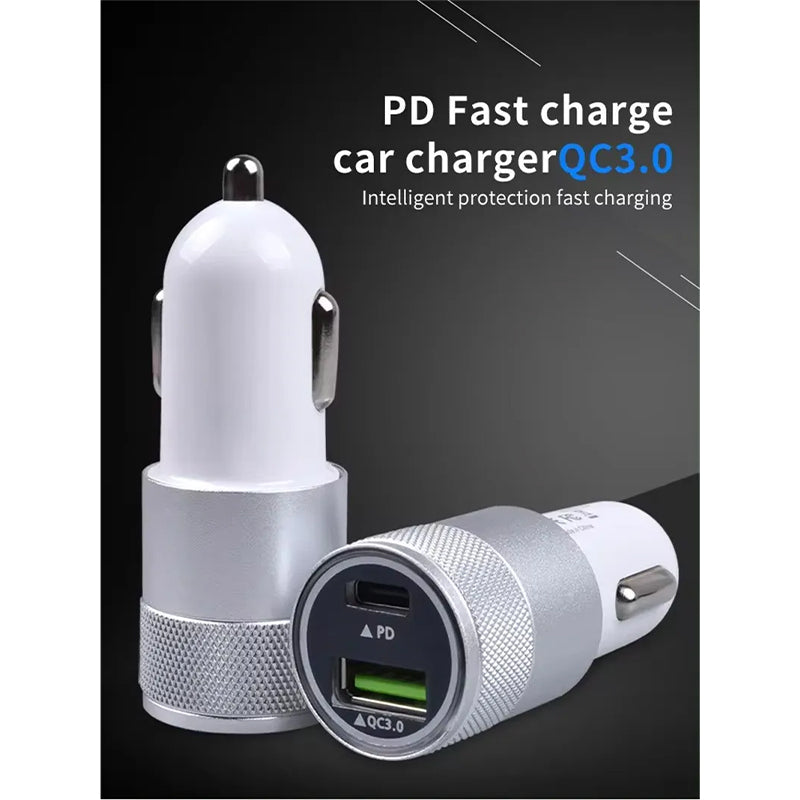18W Dual USB Car Charger with PD & QC3.0 Quick Charging - USB Type-C & USB-A Ports for Mobile Phones