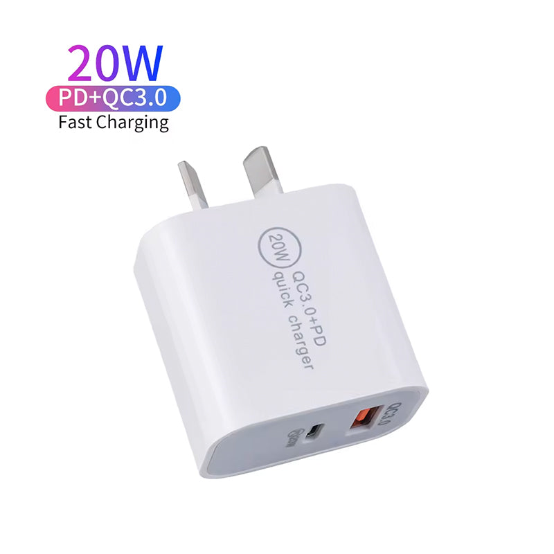 20W PD Dual USB Wall Charger - Fast USB Type-C & USB-A Charger with AU Plug for iPhone 15/14/13 and Mobile Phones