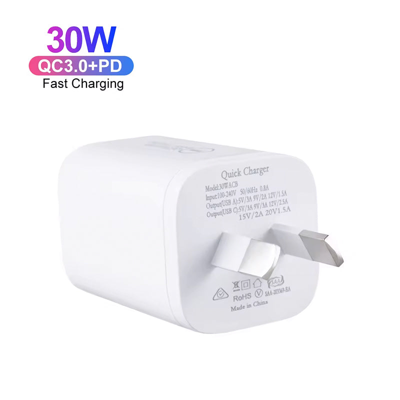30W GaN Mini USB-C PD Wall Charger with AU Plug - Fast Charging Adapter for iPhone & Samsung Phones