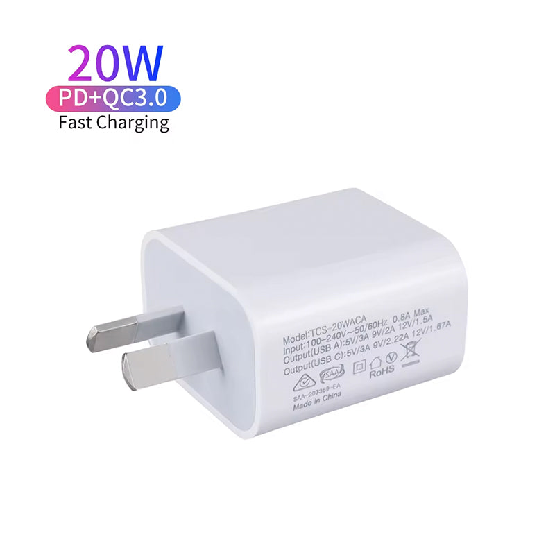 20W PD Dual USB Wall Charger - Fast USB Type-C & USB-A Charger with AU Plug for iPhone 15/14/13 and Mobile Phones