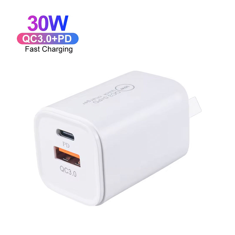 30W GaN Mini USB-C PD Wall Charger with AU Plug - Fast Charging Adapter for iPhone & Samsung Phones
