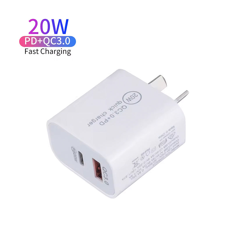 20W PD Dual USB Wall Charger - Fast USB Type-C & USB-A Charger with AU Plug for iPhone 15/14/13 and Mobile Phones