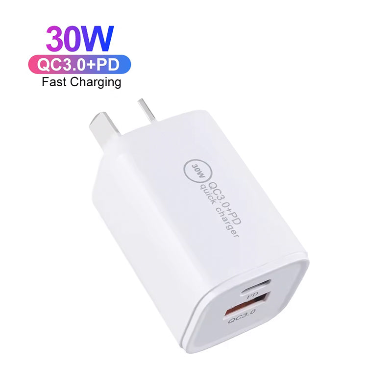 30W GaN Mini USB-C PD Wall Charger with AU Plug - Fast Charging Adapter for iPhone & Samsung Phones