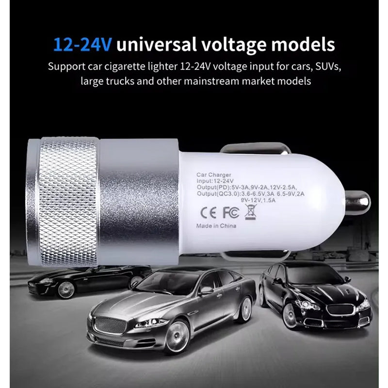 18W Dual USB Car Charger with PD & QC3.0 Quick Charging - USB Type-C & USB-A Ports for Mobile Phones