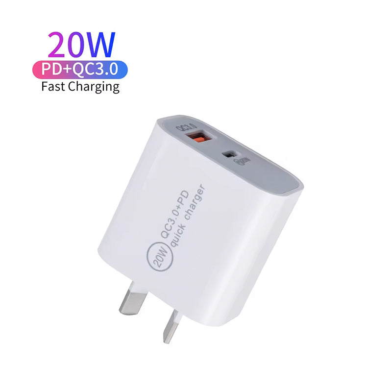 20W PD Dual USB Wall Charger - Fast USB Type-C & USB-A Charger with AU Plug for iPhone 15/14/13 and Mobile Phones