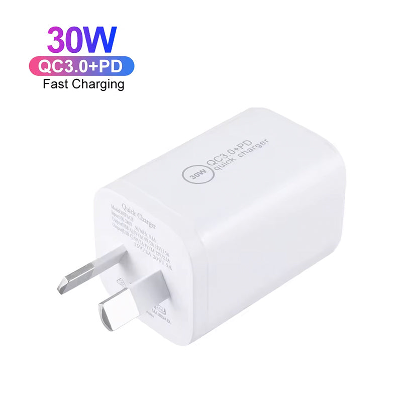 30W GaN Mini USB-C PD Wall Charger with AU Plug - Fast Charging Adapter for iPhone & Samsung Phones