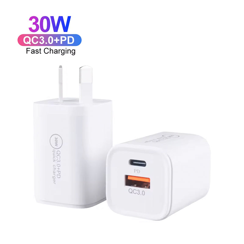 30W GaN Mini USB-C PD Wall Charger with AU Plug - Fast Charging Adapter for iPhone & Samsung Phones