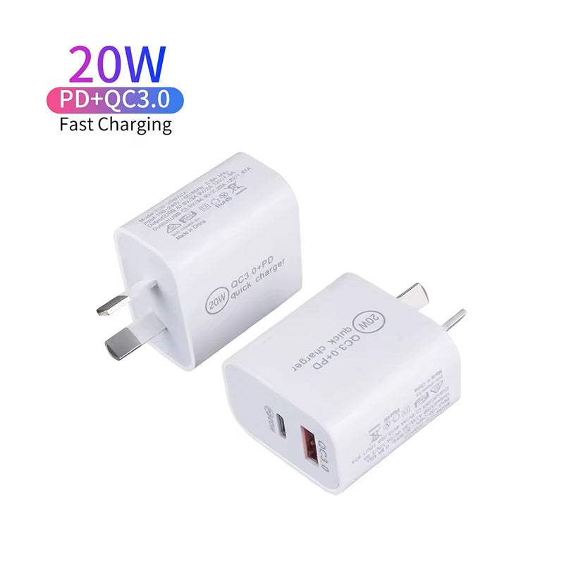 20W PD Dual USB Wall Charger - Fast USB Type-C & USB-A Charger with AU Plug for iPhone 15/14/13 and Mobile Phones