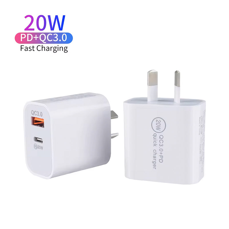20W PD Dual USB Wall Charger - Fast USB Type-C & USB-A Charger with AU Plug for iPhone 15/14/13 and Mobile Phones
